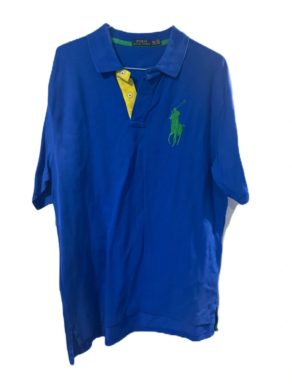 Ralph Lauren Royal Blue Polo with Lime Logo and Red Sleeve Detail